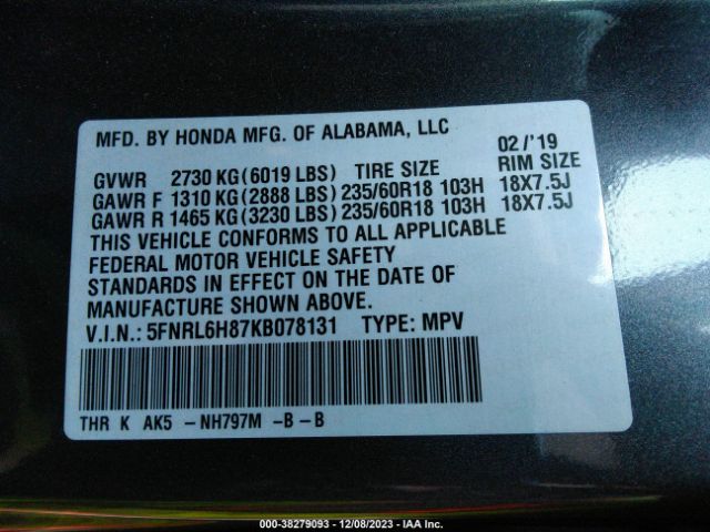 5FNRL6H87KB078131 Honda Odyssey Touring