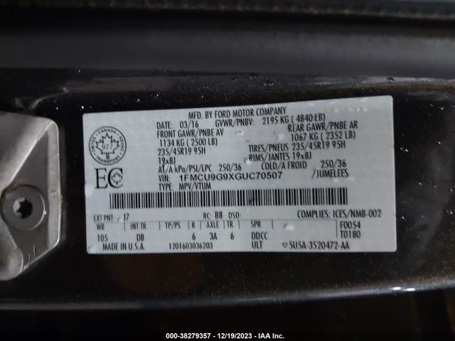 Ford ESCAPE SE 2016 1FMCU9G9XGUC70507 Image 9