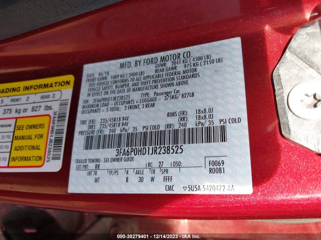 Ford FUSION SE 2018 3FA6P0HD1JR238525 Image 9