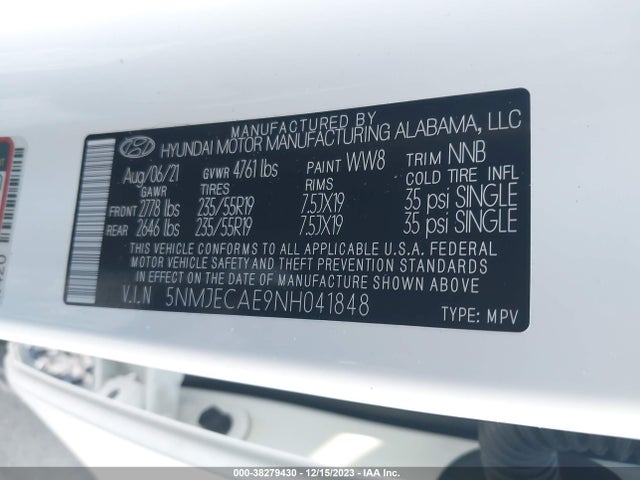 2022 HYUNDAI TUCSON LIMITED VIN: 5NMJECAE9NH041848