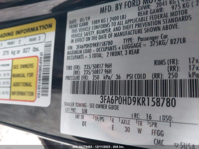 Ford FUSION SE 2019 3FA6P0HD9KR158780 Image 9