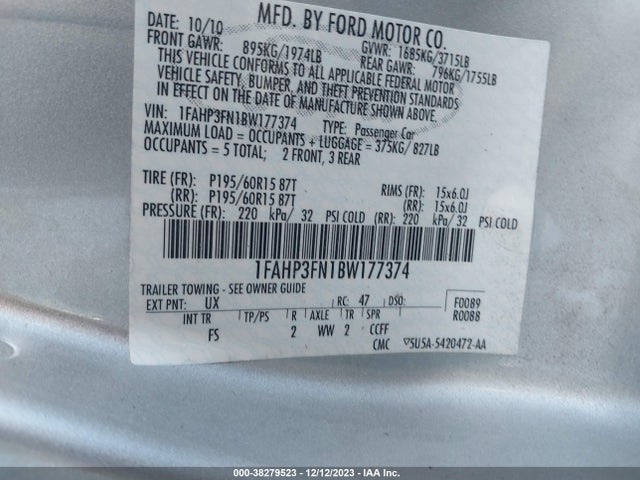 2011 FORD FOCUS SE VIN: 1FAHP3FN1BW177374