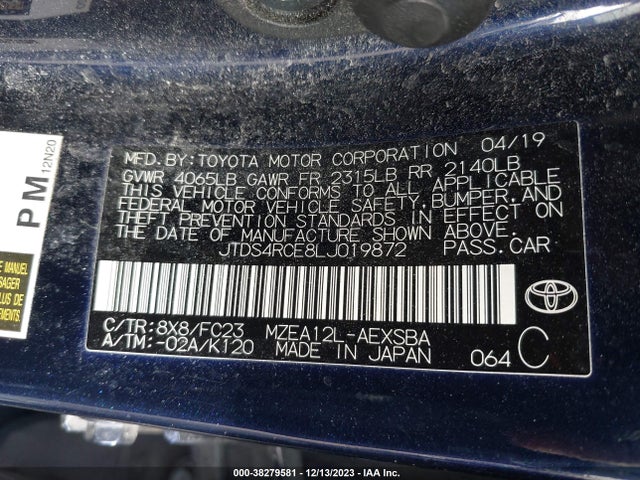 2020 TOYOTA COROLLA SE VIN: JTDS4RCE8LJ019872