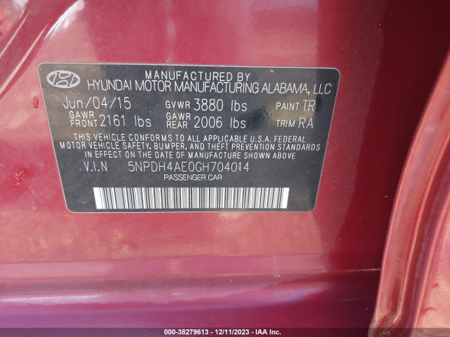 2016 HYUNDAI ELANTRA SE VIN: 5NPDH4AE0GH704014