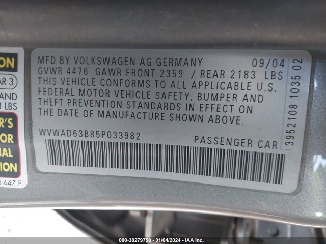 2005 VOLKSWAGEN PASSAT GLS VIN: WVWAD63B85P033982