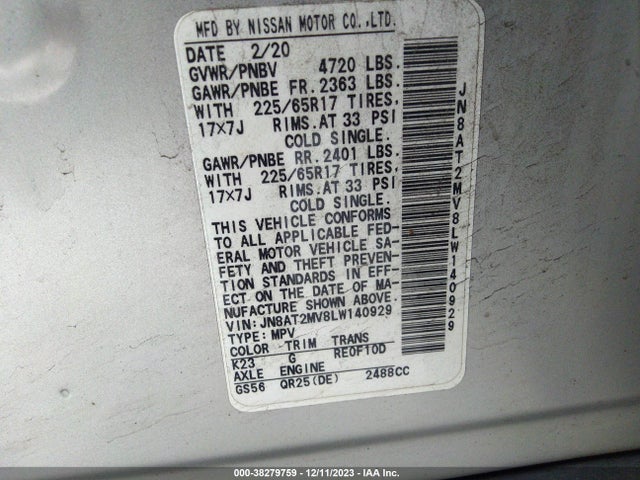 2020 NISSAN ROGUE SV INTELLIGENT AWD VIN: JN8AT2MV8LW140929