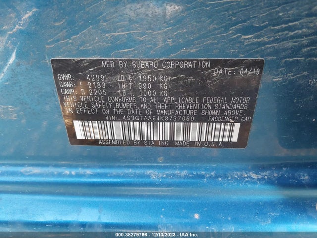 2019 SUBARU IMPREZA 2.0I (CVT) VIN: 4S3GTAA64K3737069
