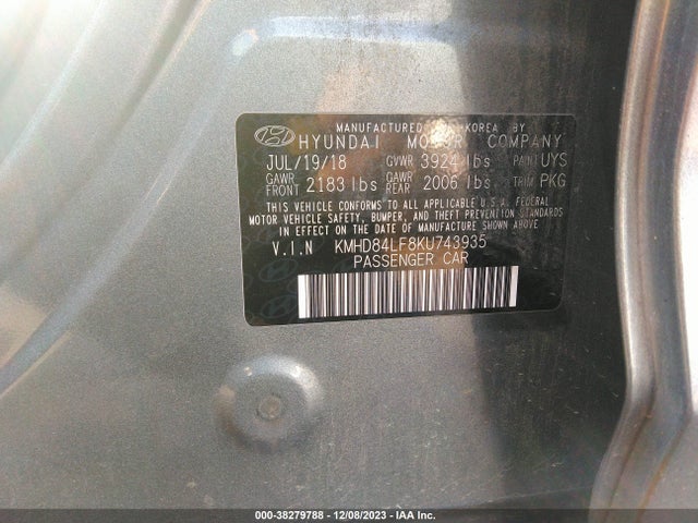 2019 HYUNDAI ELANTRA SEL VIN: KMHD84LF8KU743935