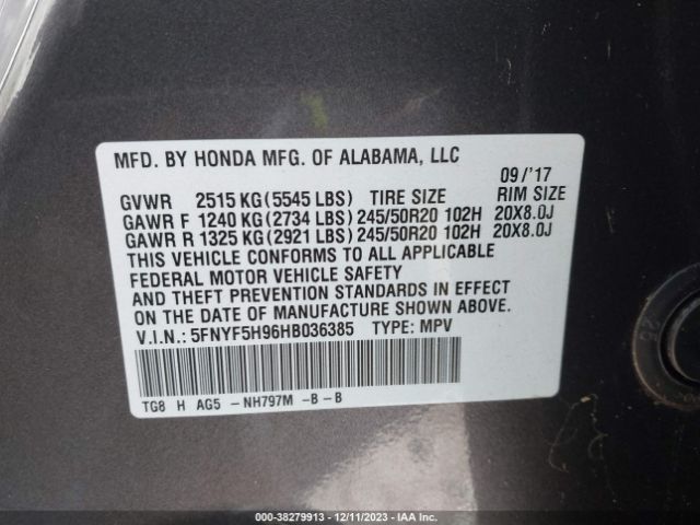 5FNYF5H96HB036385 Honda Pilot Touring