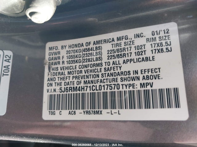 2012 HONDA CR-V EX-L VIN: 5J6RM4H71CL017570