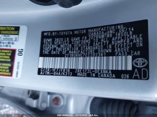 2T1BURHE7EC202381 Toyota Corolla L/le/le Pls/prm/s/s Pls