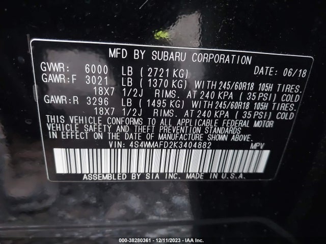 2019 SUBARU ASCENT PREMIUM VIN: 4S4WMAFD2K3404882