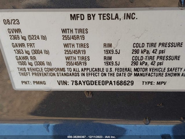 2023 TESLA MODEL Y AWD/LONG RANGE DUAL MOTOR ALL-WHEEL DRIVE VIN: 7SAYGDEE0PA168629