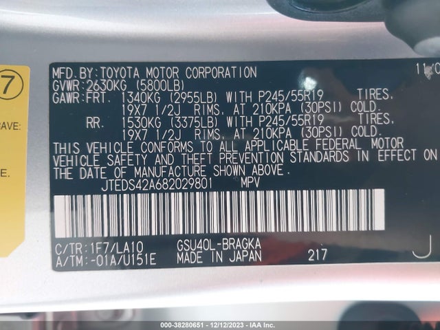 2008 TOYOTA HIGHLANDER LIMITED VIN: JTEDS42A682029801