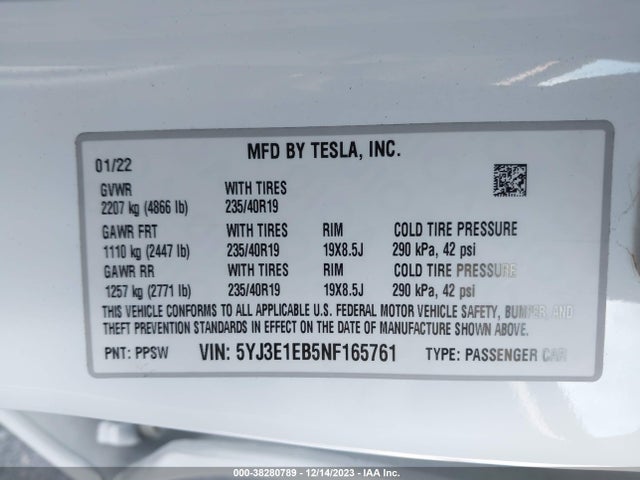 2022 TESLA MODEL 3 5YJ3E1EB5NF165761 Photo 8