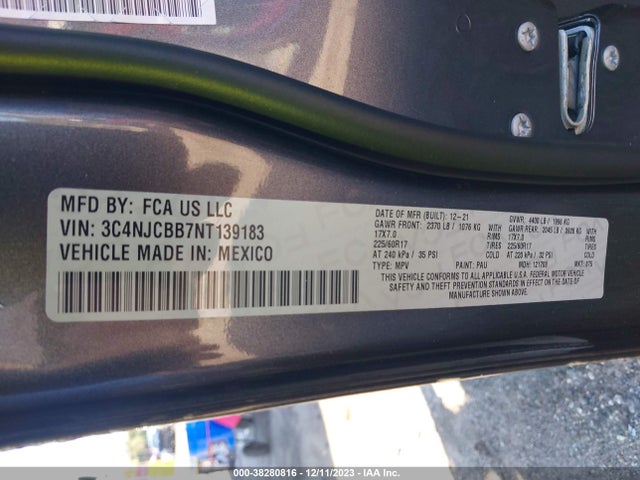 2022 JEEP COMPASS LATITUDE VIN: 3C4NJCBB7NT139183