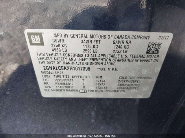 2017 CHEVROLET EQUINOX LT VIN: 2GNALCEK2H1617396