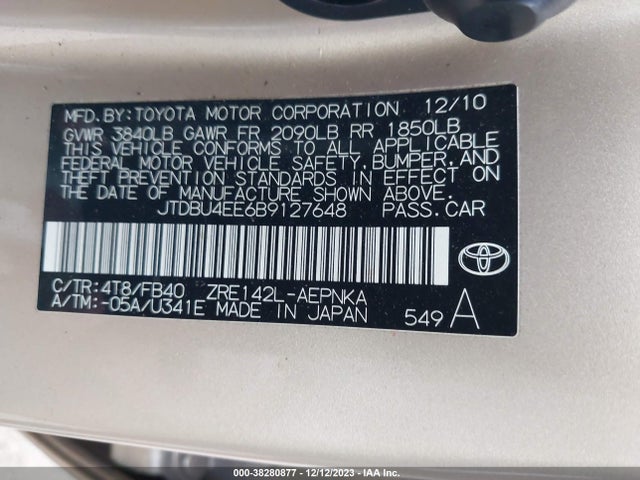 2011 TOYOTA COROLLA LE VIN: JTDBU4EE6B9127648