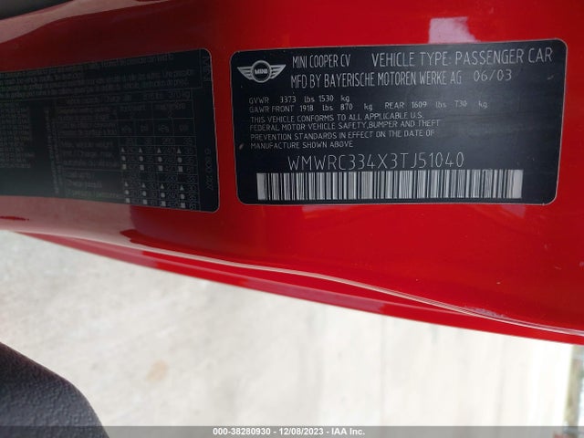 2003 MINI COOPER HARDTOP WMWRC334X3TJ51040 Photo 8