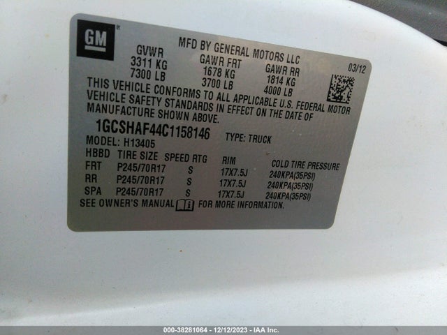2012 CHEVROLET EXPRESS WORK VAN VIN: 1GCSHAF44C1158146