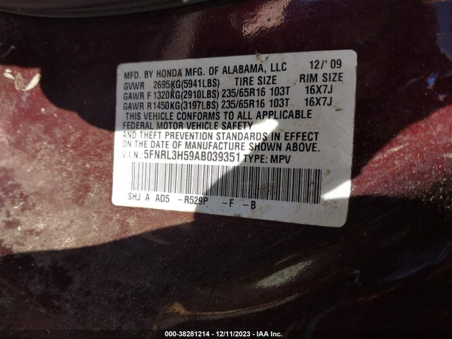 2010 HONDA ODYSSEY EX VIN: 5FNRL3H59AB039351