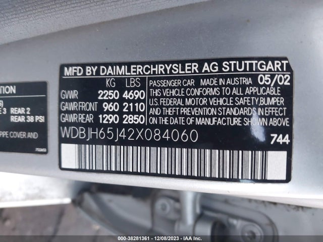 2002 MERCEDES-BENZ E-CLASS BASE (A5) VIN: WDBJH65J42X084060