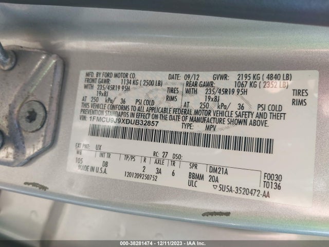 2013 FORD ESCAPE TITANIUM VIN: 1FMCU9J9XDUB32857