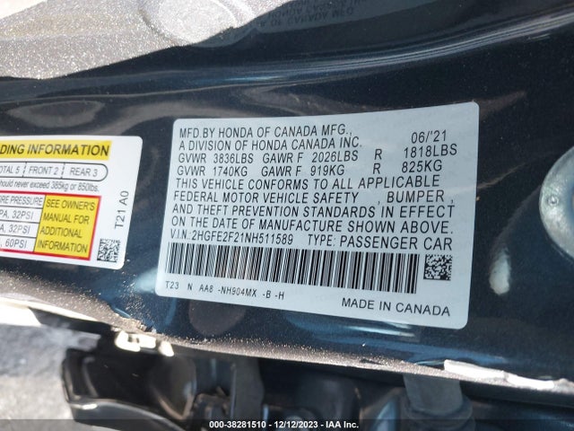 2022 HONDA CIVIC LX VIN: 2HGFE2F21NH511589
