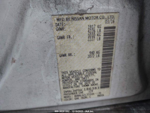 2016 NISSAN ALTIMA 2.5 S VIN: 1N4AL3AP5GC186383