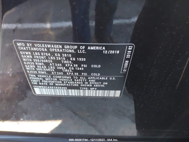 2019 VOLKSWAGEN ATLAS 3.6L V6 SE W/TECHNOLOGY VIN: 1V2WR2CAXKC528483