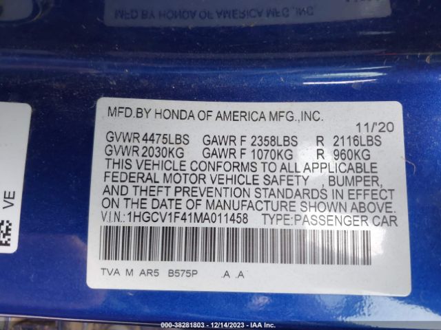 2021 HONDA ACCORD SEDAN 1HGCV1F41MA011458 Photo 8