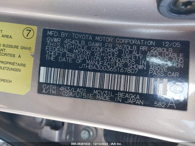 2006 LEXUS ES 330 VIN: JTHBA30G365167807
