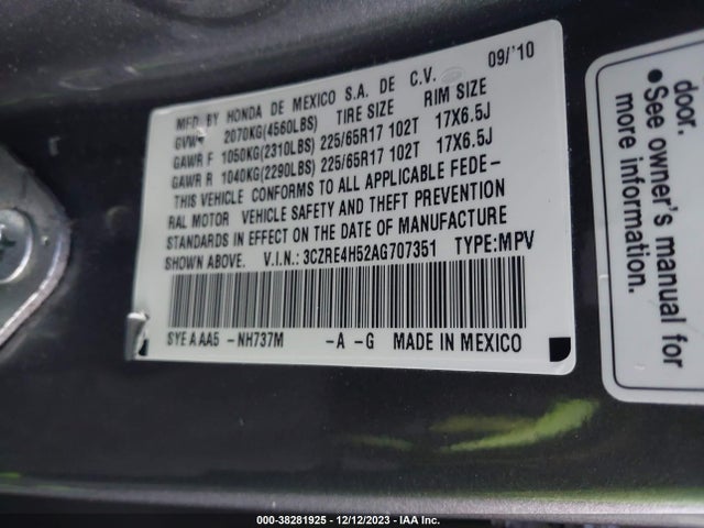 2010 HONDA CR-V EX VIN: 3CZRE4H52AG707351