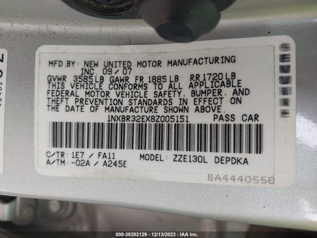 2008 TOYOTA COROLLA CE VIN: 1NXBR32EX8Z005151