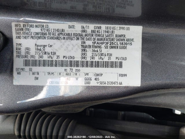 2012 FORD FOCUS SE VIN: 1FAHP3F25CL183915
