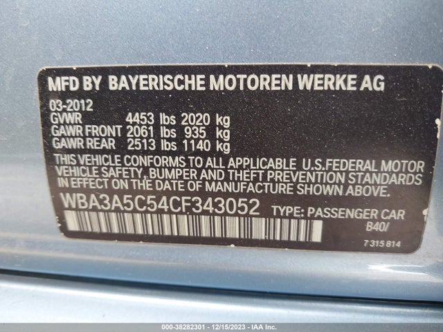 2012 BMW 328I VIN: WBA3A5C54CF343052