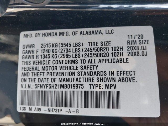 Honda Pilot 2wd Special Edition 2021 5FNYF5H21MB019975 Image 9