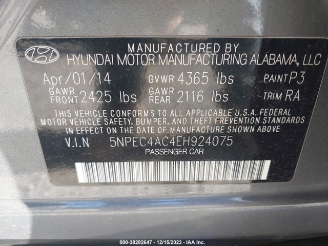 2014 HYUNDAI SONATA SE VIN: 5NPEC4AC4EH924075