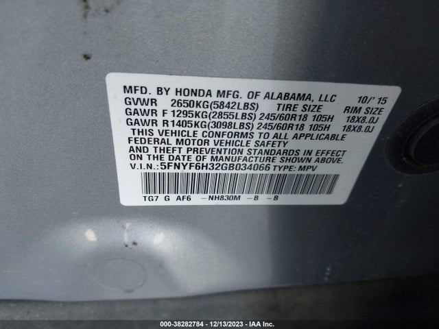 Honda Pilot Ex 2016 5FNYF6H32GB034066 Image 9