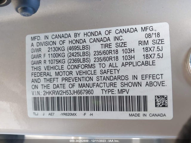 2018 HONDA CR-V EX VIN: 2HKRW2H53JH667960