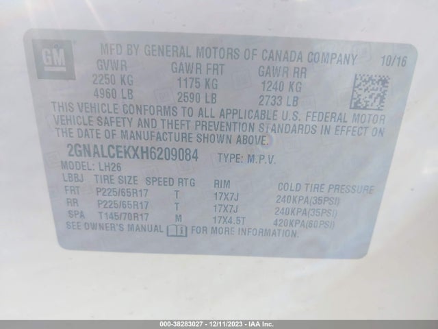 Chevrolet EQUINOX LT 2017 2GNALCEKXH6209084 Image 9