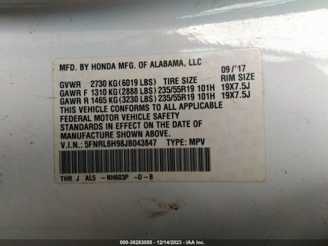 5FNRL6H98JB043847 Honda Odyssey Elite