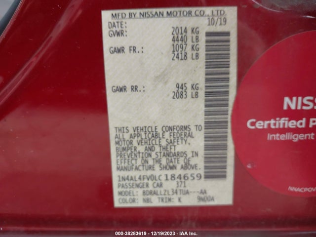 2020 NISSAN ALTIMA PLATINUM VC-TURBO FWD VIN: 1N4AL4FV0LC184659