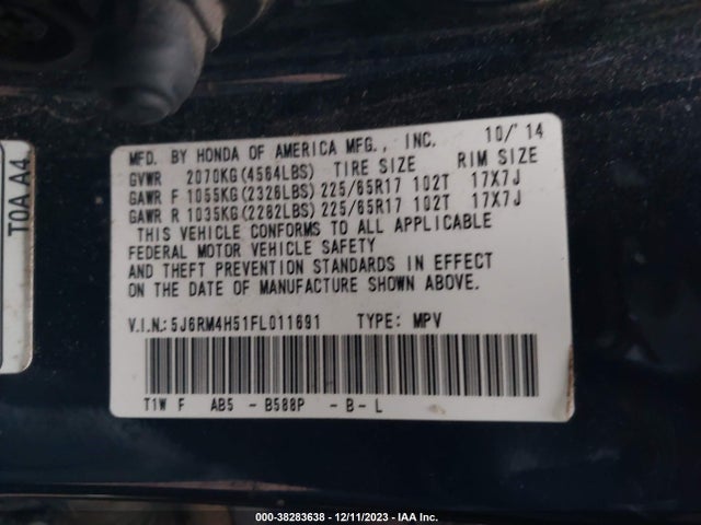 Honda CR-V EX 2015 5J6RM4H51FL011691 Image 9