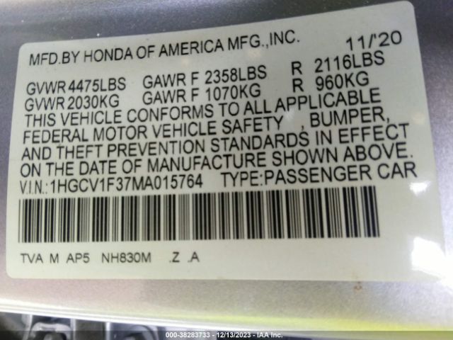 2021 HONDA ACCORD SEDAN 1HGCV1F37MA015764 Photo 8