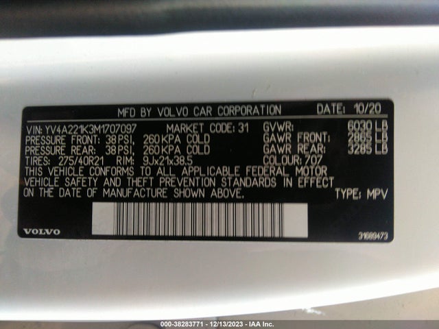 2021 VOLVO XC90 T6 MOMENTUM 6 PASSENGER VIN: YV4A221K3M1707097
