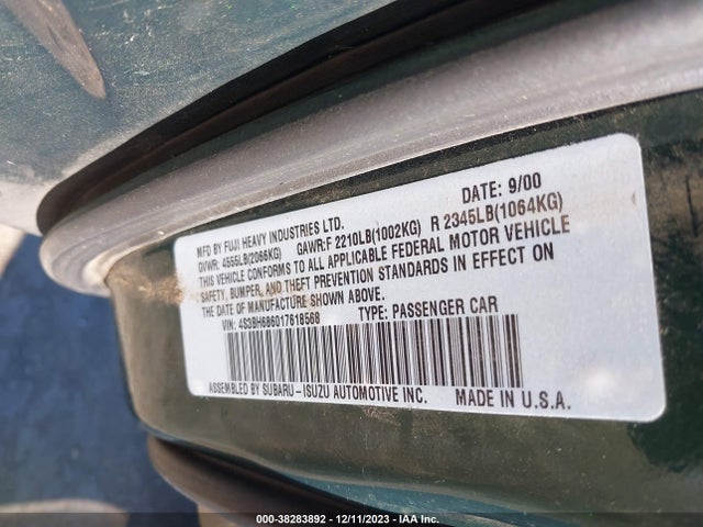 2001 SUBARU LEGACY OUTBACK LTD VIN: 4S3BH686017618568