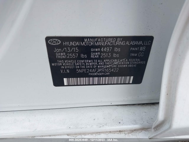 2015 HYUNDAI SONATA SE VIN: 5NPE24AF7FH165422