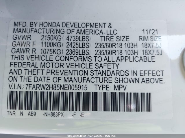 Honda Cr-v Awd Ex-l 2022 7FARW2H85NE005915 Image 9