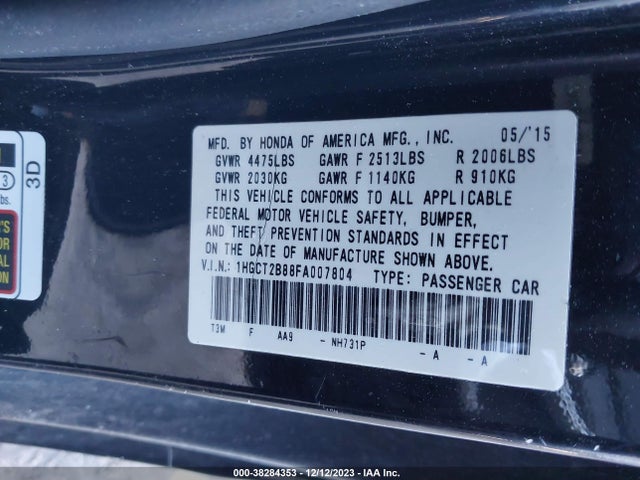 Honda Accord Ex-l V-6 2015 1HGCT2B88FA007804 Image 9